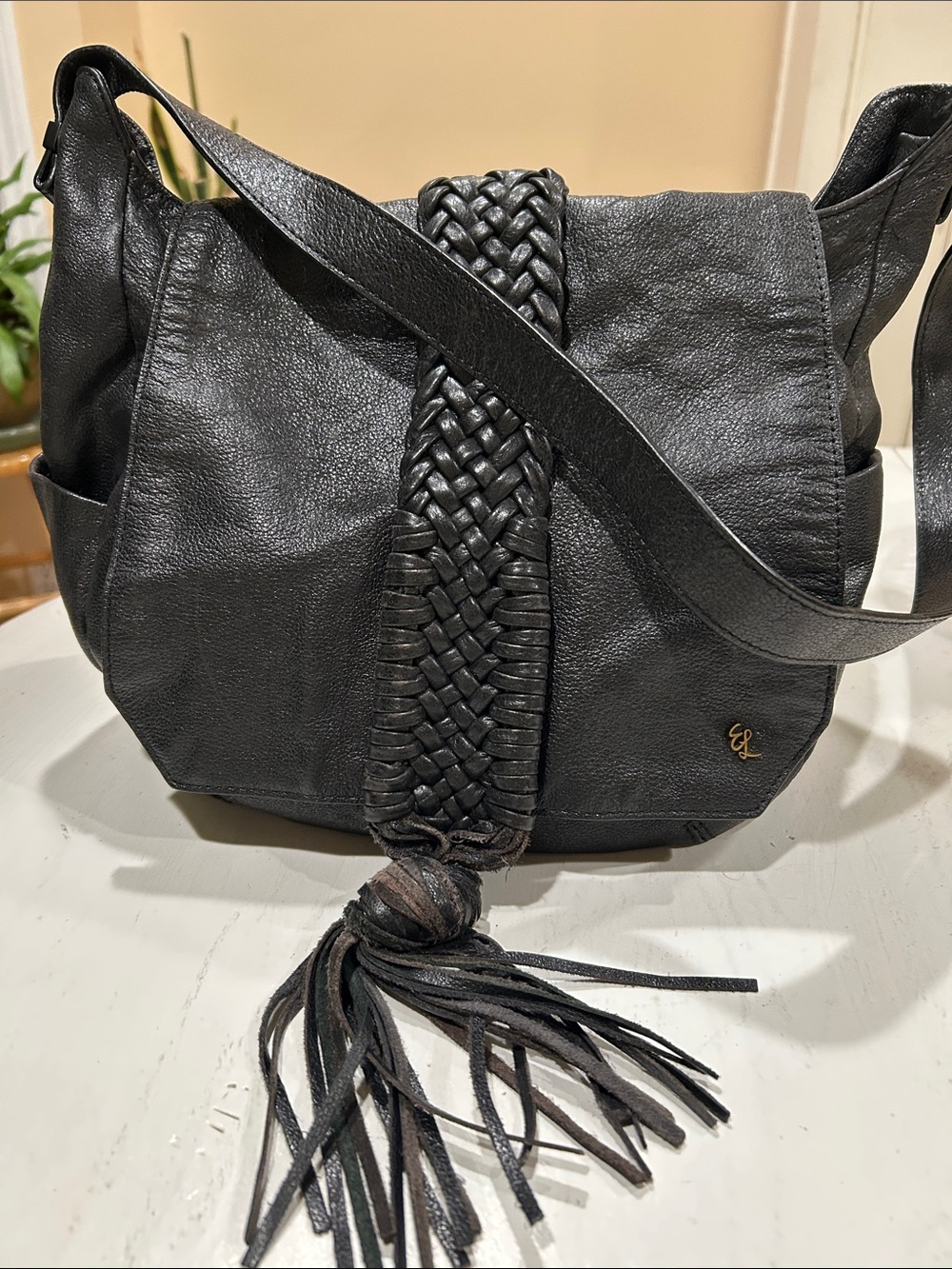 Elliott Lucca Black Braided Tassel Leather Shoulder Bag